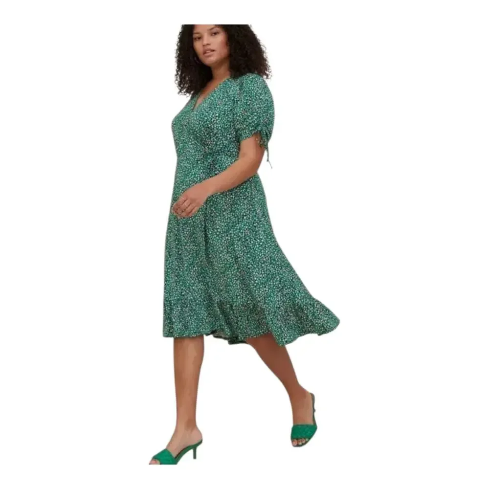 TORRID 6 Women's 30 Dress Midi V-Neck Green Pink Black Dots Faux Wrap Jersey